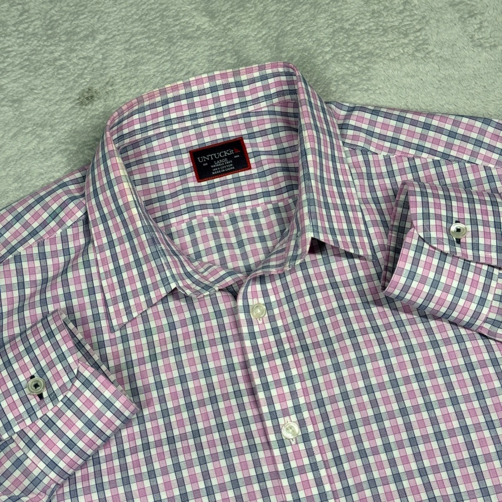 UNTUCKit Button Down Shirt Mens Large Pink Plaid Wrinkle Free Cotton Long Sleeve